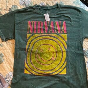 Nirvana Smiley Face Band Graphic Tee Green Acid Wash